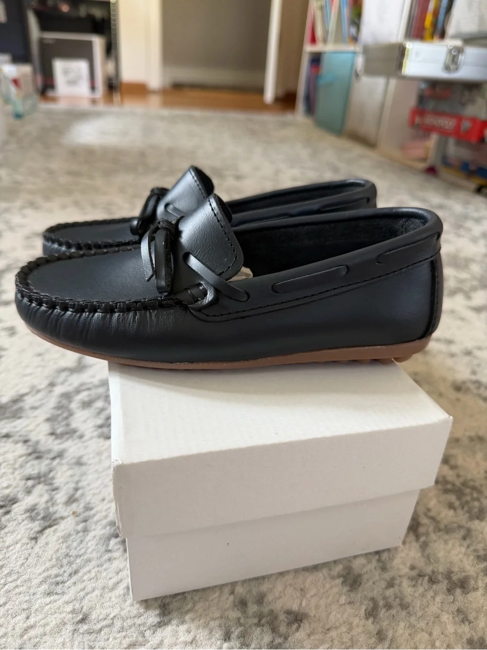 Classic navy Kids Leather Moccasin Loafers with Bow